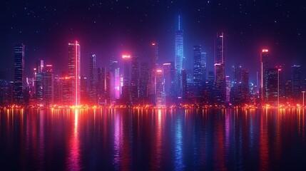 A vibrant city skyline at night, illuminated by neon lights reflecting on water.