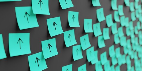 Many teal stickers on black board background with arrow pointing up symbol drawn on them. Closeup view with narrow depth of field and selective focus. 3d render, Illustration