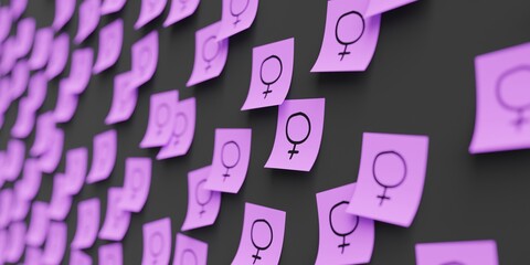 Many violet stickers on black board background with venus symbol drawn on them. Closeup view with narrow depth of field and selective focus. 3d render, Illustration