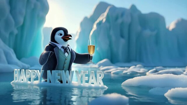 Happy New Year message. Cute penguin with smart dress on floating ice block. Video greeting card with text,  champagne and funny animal.