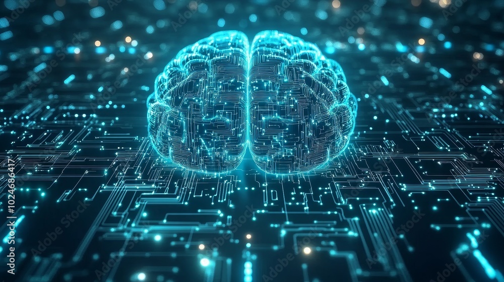 Poster a digital representation of a brain surrounded by a circuit-like background, symbolizing technology 