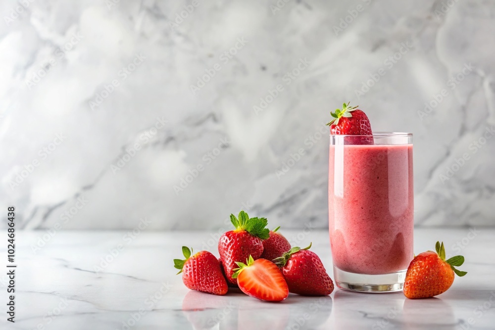 Wall mural Strawberry smoothie in a glass on clean white marble background with reflection