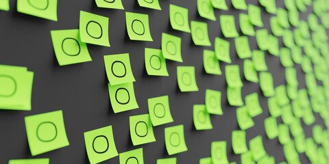 Many green stickers on black board background with circle symbol drawn on them. Closeup view with narrow depth of field and selective focus. 3d render, Illustration