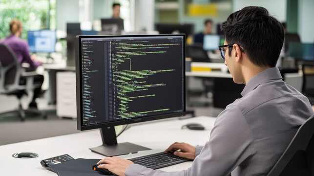 A software developer working at a desktop, writing code in an open office setting, highlighting programming and tech industry work.