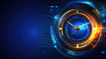 A futuristic clock face with glowing blue and orange accents on a dark blue background.