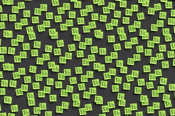 Many green stickers on black board background with symbol of Bolivia boliviano drawn on them. Flat view. 3d render, illustration