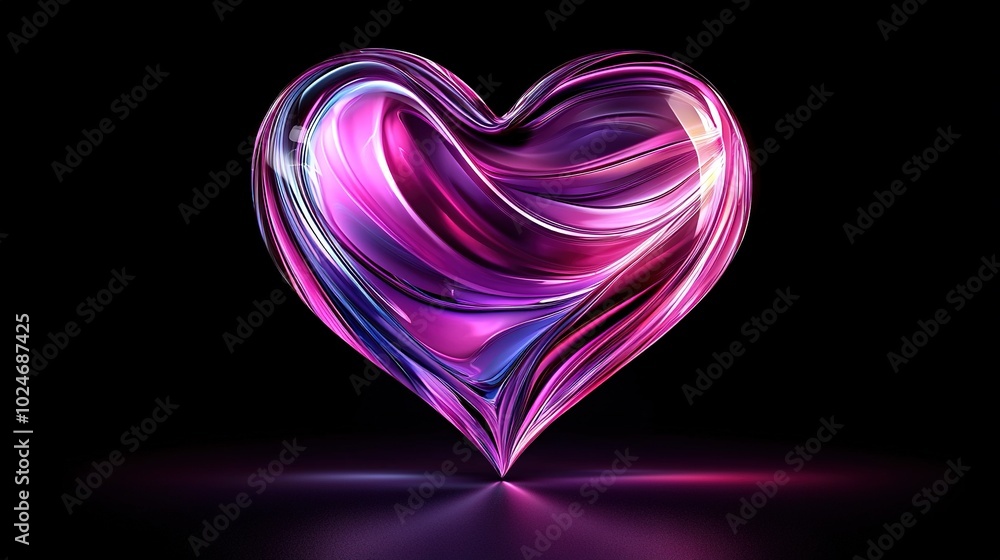 Aufkleber pink heart shaped object on black background with reflection of light and heart reflection