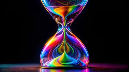 The iridescent hourglass captures the essence of time's fleeting nature, a mesmerizing display of color and form against a dark backdrop.