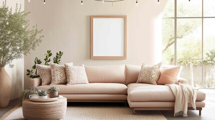 A living room with a white couch and a white coffee table. The couch is a sectional and the coffee table is wooden. There are two potted plants in the room, one on the left and one on the right