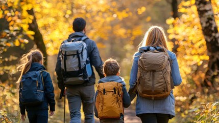 Family hiking through a forest with vibrant fall colors carrying backpacks and enjoying the fresh autumn air on a sunny afternoon