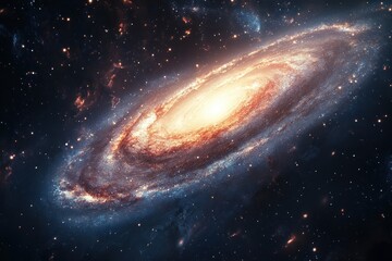 Obraz premium A spiral galaxy with a bright core surrounded by a swirling mass of stars and gas.