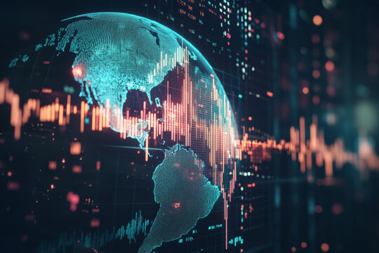 A futuristic digital interface with currency symbols floating over a globe, dynamic charts and graphs showing market fluctuations, capturing the pulse of the global Forex exchange.