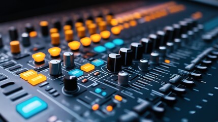 Close-up of an audio mixing console with various knobs and sliders illuminated in blue and orange lights, used for sound engineering and music production.