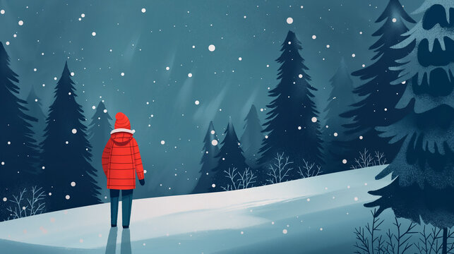 Winter creative illustration. Man in a red jacket stanging in the night scene.  Beautiful winter scenery, blue and white colors. Snowy landscape, snowcapped trees. Holiday Poster and greeting card.