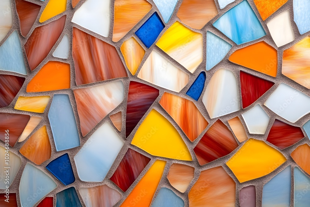 Poster vibrant abstract mosaic pattern with irregular colorful shapes resembling stained glass window