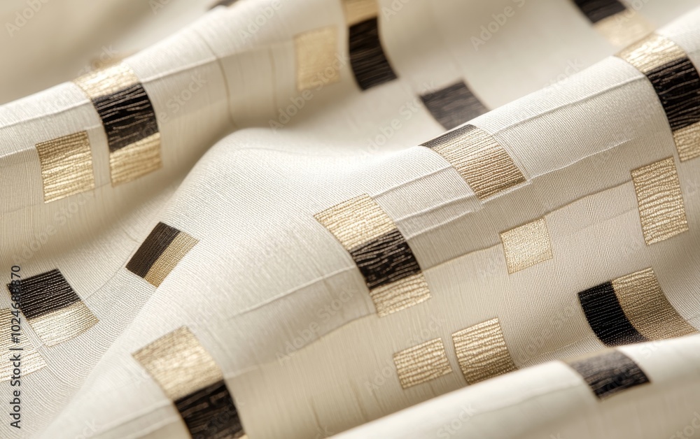 Poster a close-up view of textured fabric featuring a geometric pattern in neutral tones.