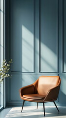 Brown leather chair in a pastel blue room with sleek panel walls and window shadow overlay. Luxury, minimalist studio design. Vertical photo, furniture store, luxurious interior