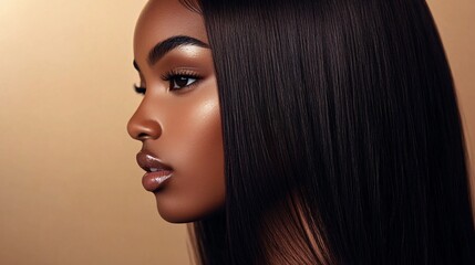 Fototapeta premium Closeup portrait of beautiful African American girl with perfect skin and long black hair. Copy space.