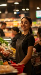 A smiling female cashier is behind the counter at an afternoon grocery store, engaging with customers and serving food in a bustling atmosphere