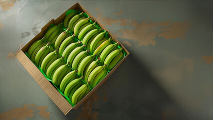 Fresh Green Bananas Perfectly Arranged in a Cardboard Box