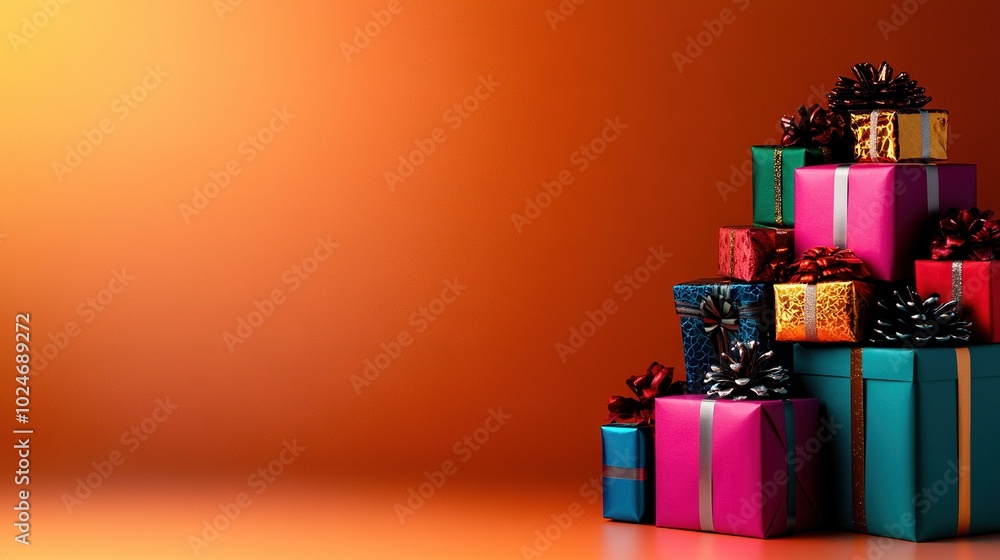 Poster a stack of wrapped presents sits atop each other against a red and orange backdrop with an orange ti