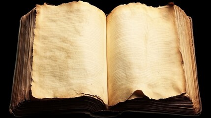 Open Antique Book With Blank Yellowed Pages, On Black Background, History And Literature Concept