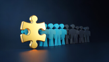 A golden puzzle piece stands out among silhouettes of people, symbolizing teamwork, collaboration, and finding the right fit in a group.