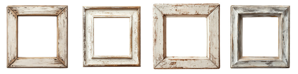 Four vintage picture frames with different styles, perfect for showcasing artwork or photographs in a rustic setting. on transparent cutout, PNG file