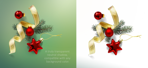 Christmas composition with Isolated Christmas gold ribbon and red christmas tree ball on transparent background with real transparent background. png Flat lay, top view