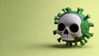 A green, virus-shaped figure with a skull features, symbolizing the blend of death and disease.