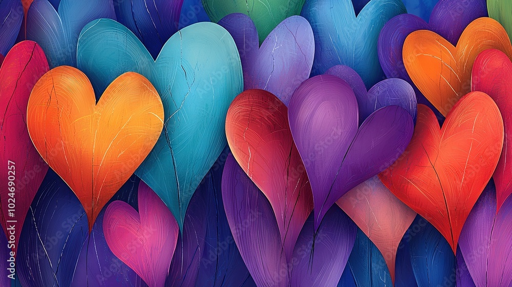 Poster a painting of multicolored feathered hearts arranged in the shape of a heart on a gradient backgroun