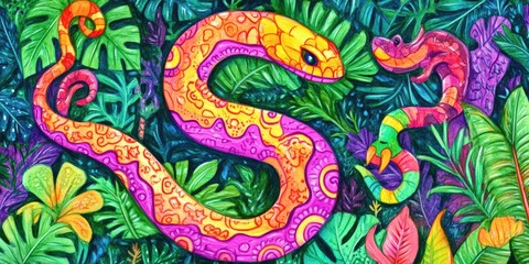Obraz premium Two colorful snakes in tropical jungle foliage.