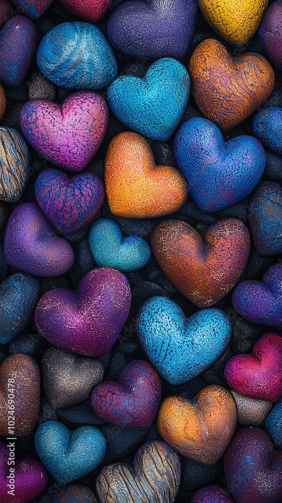 Poster a stack of multicolored heart-shaped objects on top of another pile, creating a mound of colorful he
