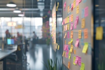 Kanban board with lots of post it notes in a modern office, small crowd in the background