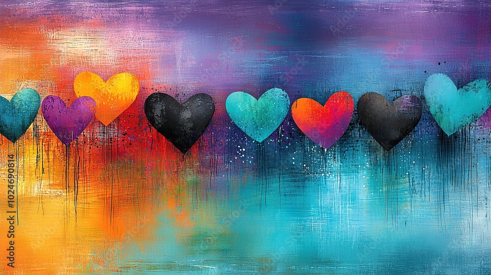 Poster a painting of a row of hearts on a multicolored background with paint splatters