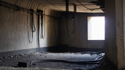 Abandoned Underground Railway Tunnel with Loose Wires: A dimly lit underground tunnel featuring old railway tracks, loose cables, and concrete walls. The worn-out surroundings hint at a long period of