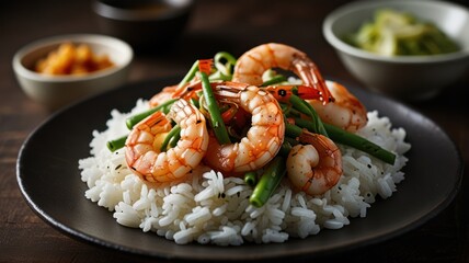 A plate of white rice topped with grilled shrimp, green onions, and a side of pickled ginger.