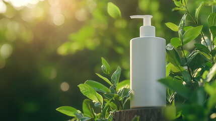 A white bottle of lotion is sitting on a rock in a lush green bush. The bottle is surrounded by leaves and branches, giving it a natural and organic feel. Concept of relaxation and tranquility