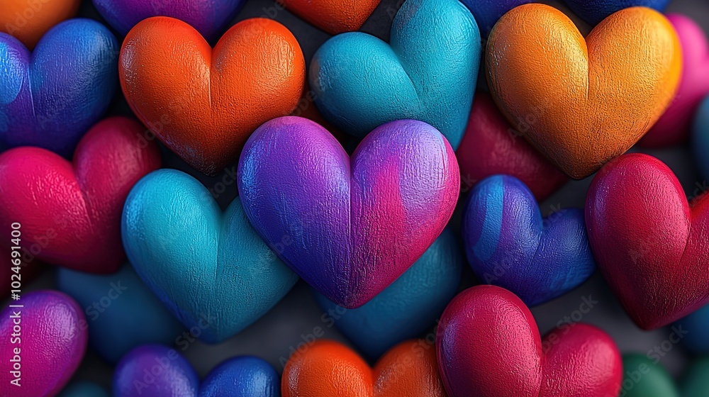 Poster a cluster of colorful hearts arranged on a gray background in the form of a heart