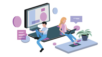 Businessman, Businesswoman and look stock exchange graph on monitor. Financial analysis vector concept. illustrator.