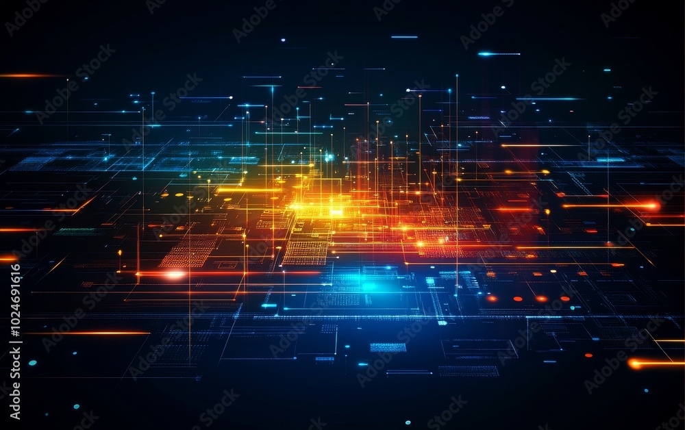 Poster abstract digital landscape with glowing lines and nodes representing data flow and technology.