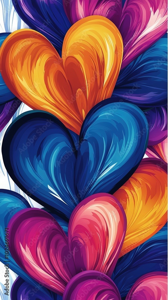 Poster a canvas depicting an array of vivid hearts against a pristine white backdrop, adorned in hues of bl
