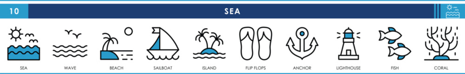 A set of line icons related to Seas. Sea, wave, beach, sailboat, island, flipflops, anchor, fish, and so on. Vector editable stroke.