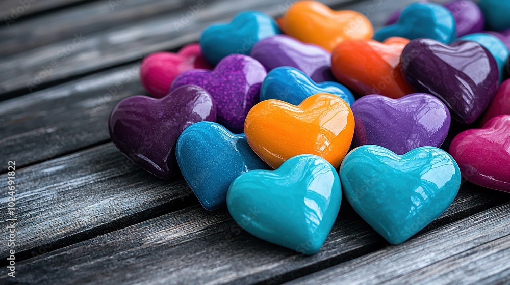 Poster a cluster of heart-shaped candies resting on a wooden table alongside a heap of additional heart-sha