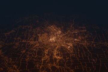 Aerial shot on Lugansk (Ukraine) at night, view from west. Imitation of satellite view on modern city with street lights and glow effect. 3d render