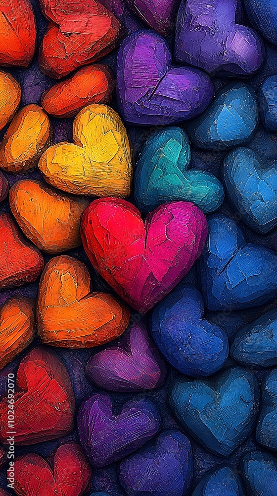 Aufkleber a collection of colorful heart-shaped objects stacked on top of each other in various hues of blue, 