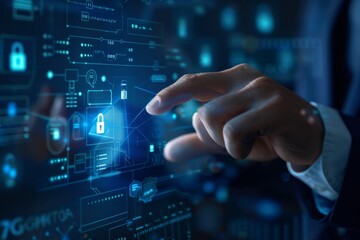Hand reaching for floating digital security symbol