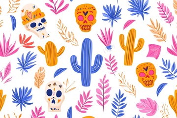 Colorful Tropical Botanical Pattern with Mexican Skull Motif Design