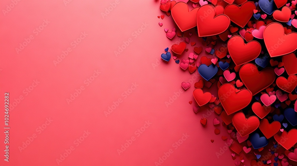 Poster a pink background with an array of red and blue hearts, featuring a central location for a personali