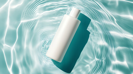 A sleek white bottle floating on vibrant blue water, subtle ripples, white background, soft natural light, minimalist product photography